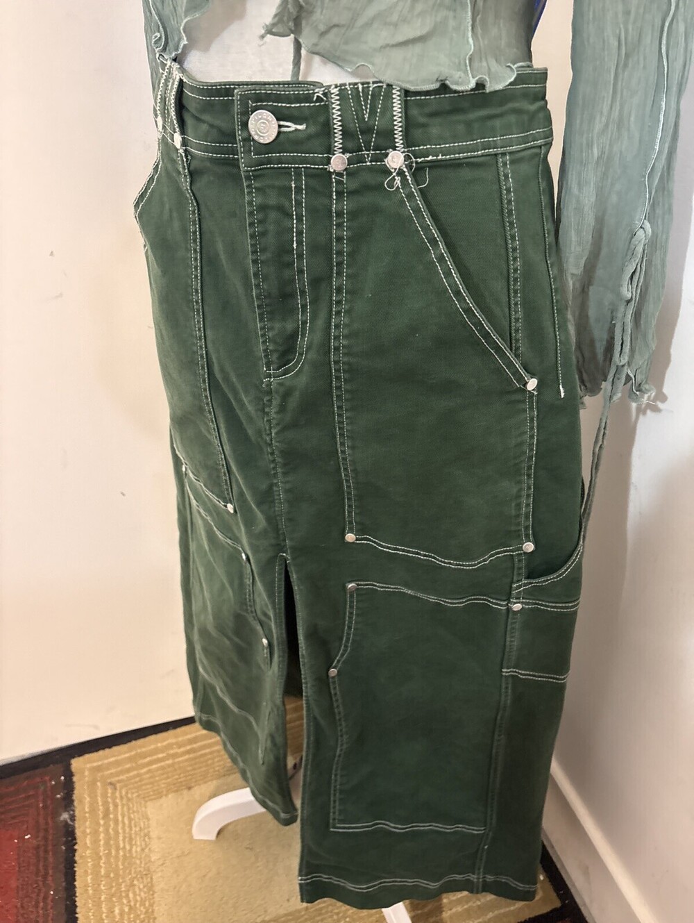 Anthropologie Pilcro Cargo Maxi Skirt Denim Pockets Front Slit Green Sz 6 NWOT - Picture 5 of 14